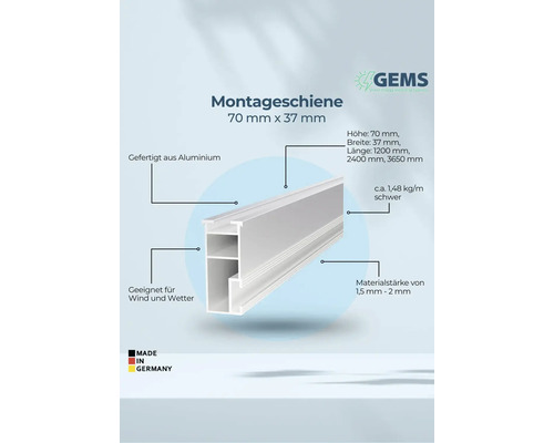 Montageschiene aus Aluminium, 70 mm x 37 mm, geeignet für Wind und Wetter, hergestellt in Deutschland