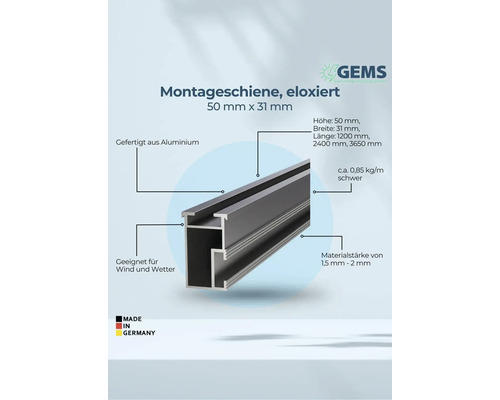 Eloxierte Montageschiene aus Aluminium, 50 mm x 31 mm, geeignet für Wind und Wetter