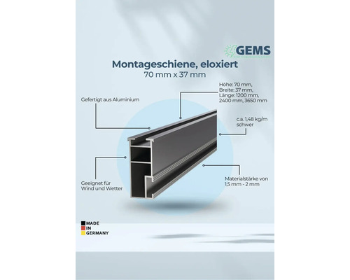 Eloxierte Montageschiene, 70 mm x 37 mm, aus Aluminium, geeignet für Wind und Wetter