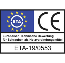 Europäische Technische Bewertung für Schrauben als Holzverbindungsmittel mit ETA-19/0553 und CE Kennzeichnung