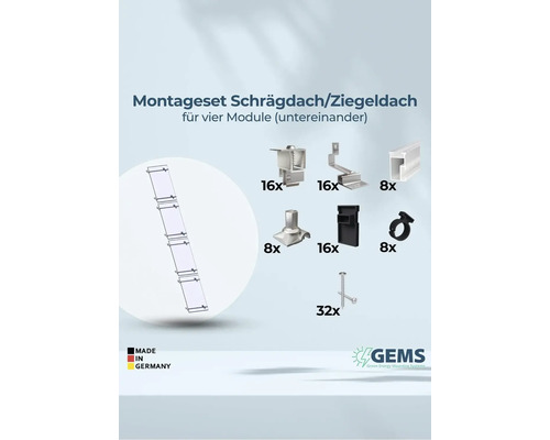 Montageset für Schrägdach oder Ziegeldach zur Installation von vier Modulen untereinander