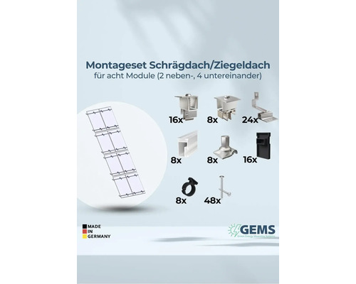 Montageset für Schrägdach oder Ziegeldach für acht Module, inklusive Befestigungsmaterial und GEMS Green Energy Mounting Systems Logo