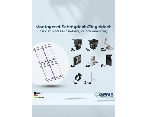 Montageset für Schrägdach und Ziegeldach, geeignet für vier Module, inklusive Montagematerial und Made in Germany Siegel