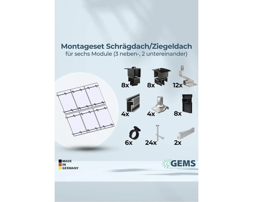 Montageset für Schräg- und Ziegeldächer für sechs Module, bestehend aus verschiedenen Montageelementen und Schrauben. Made in Germany.