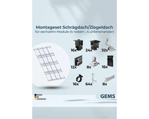 Montageset für Schrägdach und Ziegeldach für sechzehn Module, Made in Germany, GEMS Green Energy Mounting Systems Logo