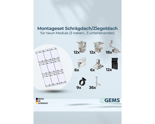 Montageset für Schrägdach und Ziegeldach zur Befestigung von neun Solarmodulen, inklusive Montagezubehör und Schrauben