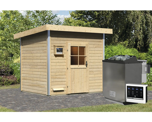 Saunahaus Karibu Opal 4 inkl.9 kW Bio Ofen u.ext.Steuerung und Holztüre mit Isolierglas wärmegedämmt Holzsauna mit Tür, Fenster und Saunaofen