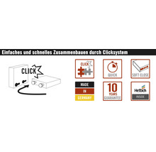 Montage facile grâce au système Click, Made in Germany, Garantie de 10 ans, Logo Hettich