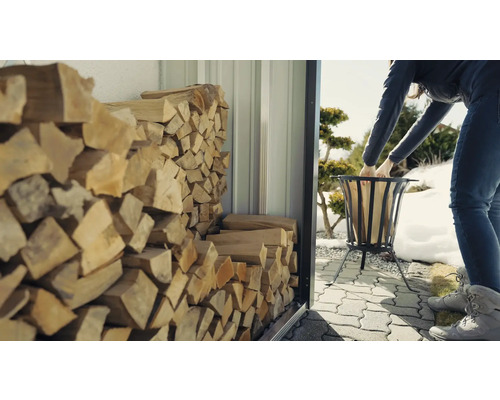 Abri à bois rempli de bois de chauffage, une femme remplit un panier à bois