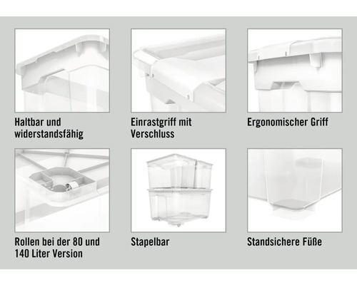 Details einer transparenten Aufbewahrungsbox, die robust, stapelbar und mit Rollen sowie ergonomischen Griffen ausgestattet ist.