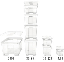 Boîtes de rangement de différentes tailles, de 4,5 litres à 140 litres