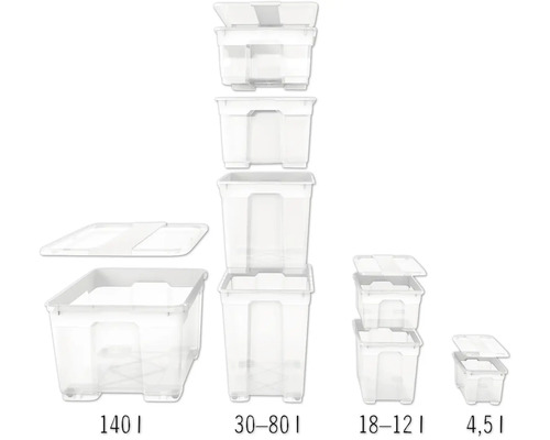Aufbewahrungsboxen verschiedener Größen, von 4,5 Liter bis 140 Liter