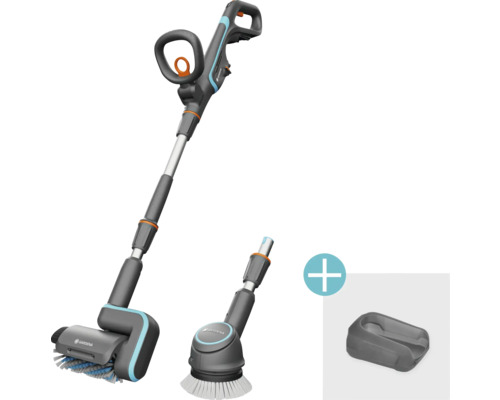 Brosse à batterie Gardena avec deux accessoires et un compartiment de rangement
