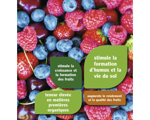 Avantages du produit : stimule la croissance et la formation des fruits, stimule la formation d''humus et la vie du sol, teneur élevée en matières premières organiques, augmente le rendement et la qualité des fruits
