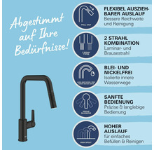 Schwarze Küchenarmatur mit flexiblem Auslauf, zwei Strahlarten, blei- und nickelfreien Wasserwegen, leichtgängiger Bedienung und hohem Auslauf