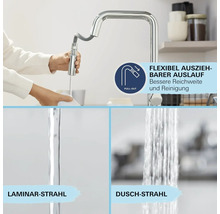 Küchenarmatur mit ausziehbarem Auslauf für Laminar- und Duschstrahl
