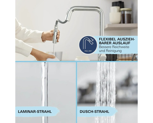 Küchenarmatur mit ausziehbarem Auslauf für Laminar- und Duschstrahl