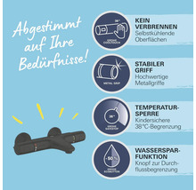 Robinet de douche gris foncé avec informations sur Cooltouch, poignée en métal, SafeStop et fonction d''économie d''eau