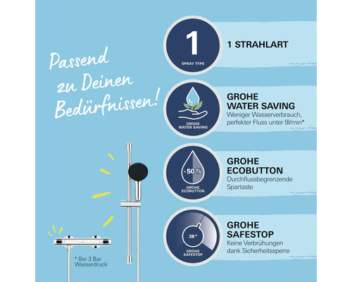 Système de douche Grohe avec fonction d''économie d''eau, EcoButton et SafeStop