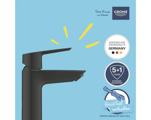 Robinet noir avec le logo Grohe, la mention conçu et fabriqué en Allemagne, QuickTool inclus et garantie prolongée.