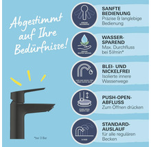 Armatur mit Symbolen für sanfte Bedienung, Wassersparen, Blei- und Nickelfreiheit, Push-Open-Abluss und Standardauslauf