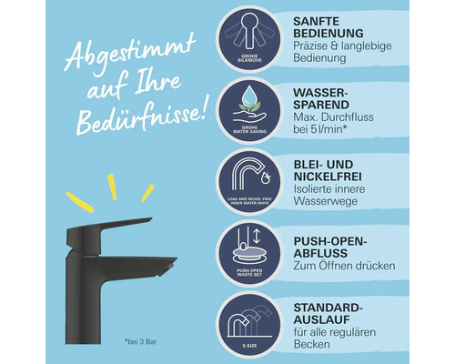 Robinet avec symboles pour une utilisation facile, économie d''eau, sans plomb ni nickel, vidage push-open et bec standard