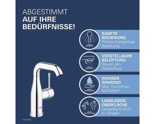 Grohe Armatur mit Eigenschaften wie leichtgängiger Bedienung, einstellbarer Belüftung, Wassersparfunktion und langlebiger Oberfläche