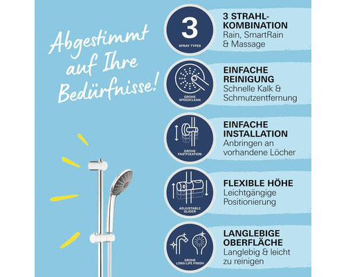 Duschsystem mit drei Strahlarten, einfacher Reinigung, einfacher Installation, flexibler Höhe und langlebiger Oberfläche.
