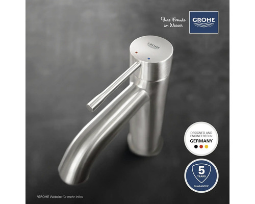 Grohe Einhebel-Waschtischarmatur mit Grohe Logo, Hergestellt in Deutschland Siegel und 5 Jahre Garantie Siegel