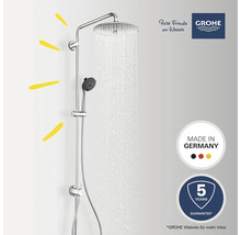 Brauseset mit Kopf- und Handbrause von Grohe, mit fließendem Wasser und den Logos von Grohe, Made in Germany und fünf Jahre Garantie
