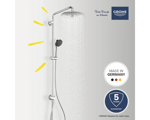 Brauseset mit Kopf- und Handbrause von Grohe, mit fließendem Wasser und den Logos von Grohe, Made in Germany und fünf Jahre Garantie
