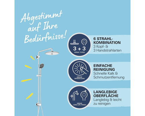 Duschsystem mit Kopf- und Handbrause sowie Informationen zu Strahlarten, Reinigung und Oberfläche