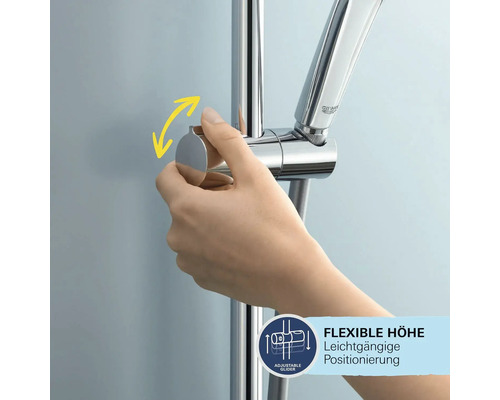 Brausestange mit Hand, die die Höhe der Brause verstellt