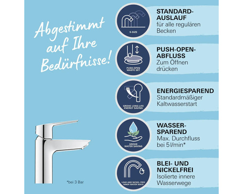 Armatur mit Informationen zu Wasserdurchfluss, Energiesparen, blei- und nickelfreien Wasserwegen
