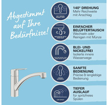 Küchenarmatur mit Produktvorteilen wie 140 Grad Schwenkbereich, einfachem Belüftertausch, Blei- und Nickelfreiheit, leichtgängiger Bedienung und tiefem Auslauf