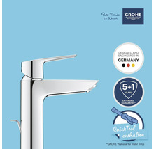 Glänzender Chrom-Wasserhahn mit Grohe Logo, Siegel Designed and Engineered in Germany, 5 plus 1 Jahre erweiterte Garantie und Quicktool enthalten.