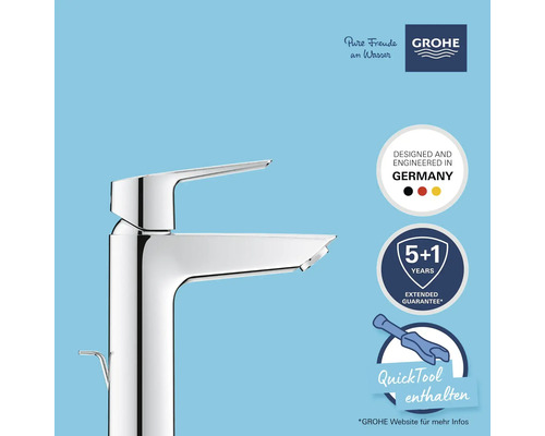 Robinet chromé brillant avec logo Grohe, label Designed and Engineered in Germany, garantie prolongée de 5 ans et Quicktool inclus.