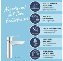 Armatur mit mittlerem Auslauf, Ablaufgarnitur mit Zugstange, energiesparend, wassersparend und blei- und nickelfreie Wasserwege.
