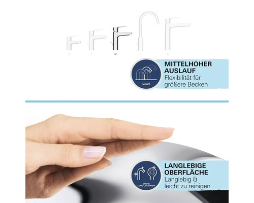 Différentes tailles de robinets et informations sur le bec et la surface