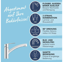 Küchenarmatur mit ausziehbarem Auslauf, zwei Strahlarten, 90 Grad Schwenkbereich, blei- und nickelfreien Wasserwegen und Grohe Silkmove Technologie