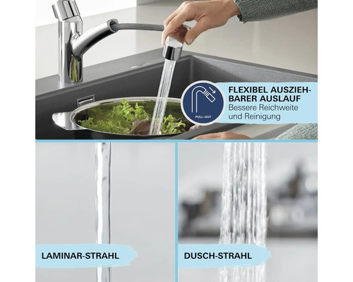 Küchenarmatur mit herausziehbarem Auslauf über einem Spülbecken
