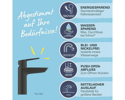 Armatur mit Hinweisen zu Eigenschaften wie Energiesparen, Wassersparen, Bleifreiheit, Nickel Freiheit, Push-Open-Ablauf und mittelhohem Auslauf