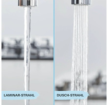 Wasserhahn mit Laminarstrahl und Duschstrahl im Vergleich