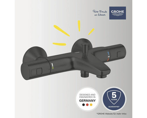 Schwarze Grohe Thermostat-Wannenbatterie mit fünf Jahren Garantie