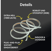 Details einer LED-Lichtleiste mit den Eigenschaften: extra hell, robust, stoßfest, Plug-and-Play, sofort einsatzbereit, für Innen und Außen geeignet.