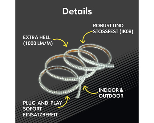 Details einer LED-Lichtleiste mit den Eigenschaften: extra hell, robust, stoßfest, Plug-and-Play, sofort einsatzbereit, für Innen und Außen geeignet.