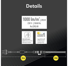 Details zu Lumen pro Meter, Watt, Volt, Hertz, Farbwiedergabeindex, Stossfestigkeit, Farbtemperatur und Schutzart
