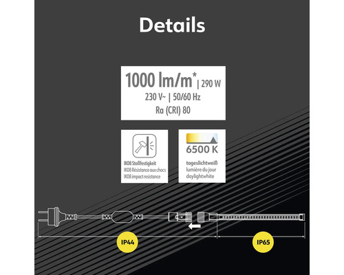 Details zu Lumen pro Meter, Watt, Volt, Hertz, Farbwiedergabeindex, Stossfestigkeit, Farbtemperatur und Schutzart