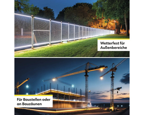 Beleuchteter Zaun für den Aussenbereich und Baustellenbeleuchtung mit Kränen im Hintergrund