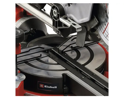 Detailaufnahme einer Kapp- und Gehrungssäge mit Werkstückauflage und Einhell Logo.